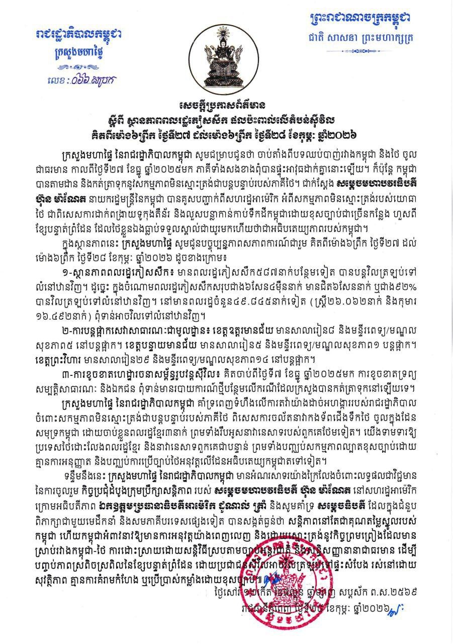 សេចក្ដីប្រកាសព័ត៌មាន ស្ដីពី ស្ថានភាពពលរដ្ឋភៀសសឹក និងផលប៉ះពាល់លើតំបន់ស៊ីវិល គិតត្រឹមព្រឹក ថ្ងៃទី២៨ ខែកុម្ភៈ ឆ្នាំ២០២៦។