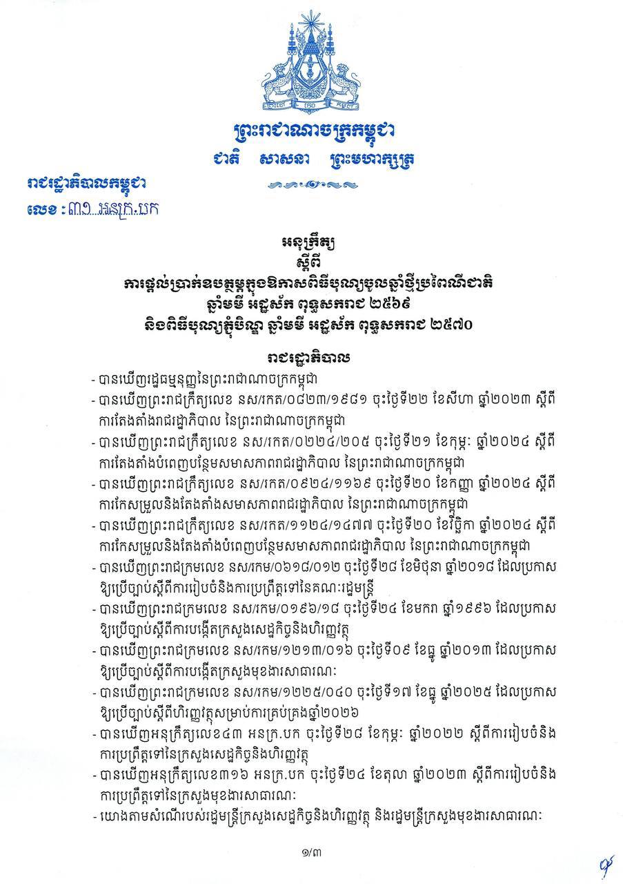 រាជរដ្ឋាភិបាលកម្ពុជាសម្រេចផ្តល់ប្រាក់ឧបត្ថម្ភ ៥ម៉ឺនរៀលដល់មន្រ្តីរាជការក្នុងឱកាសពិធីបុណ្យចូលឆ្នាំថ្មីប្រពៃណីជាតិ