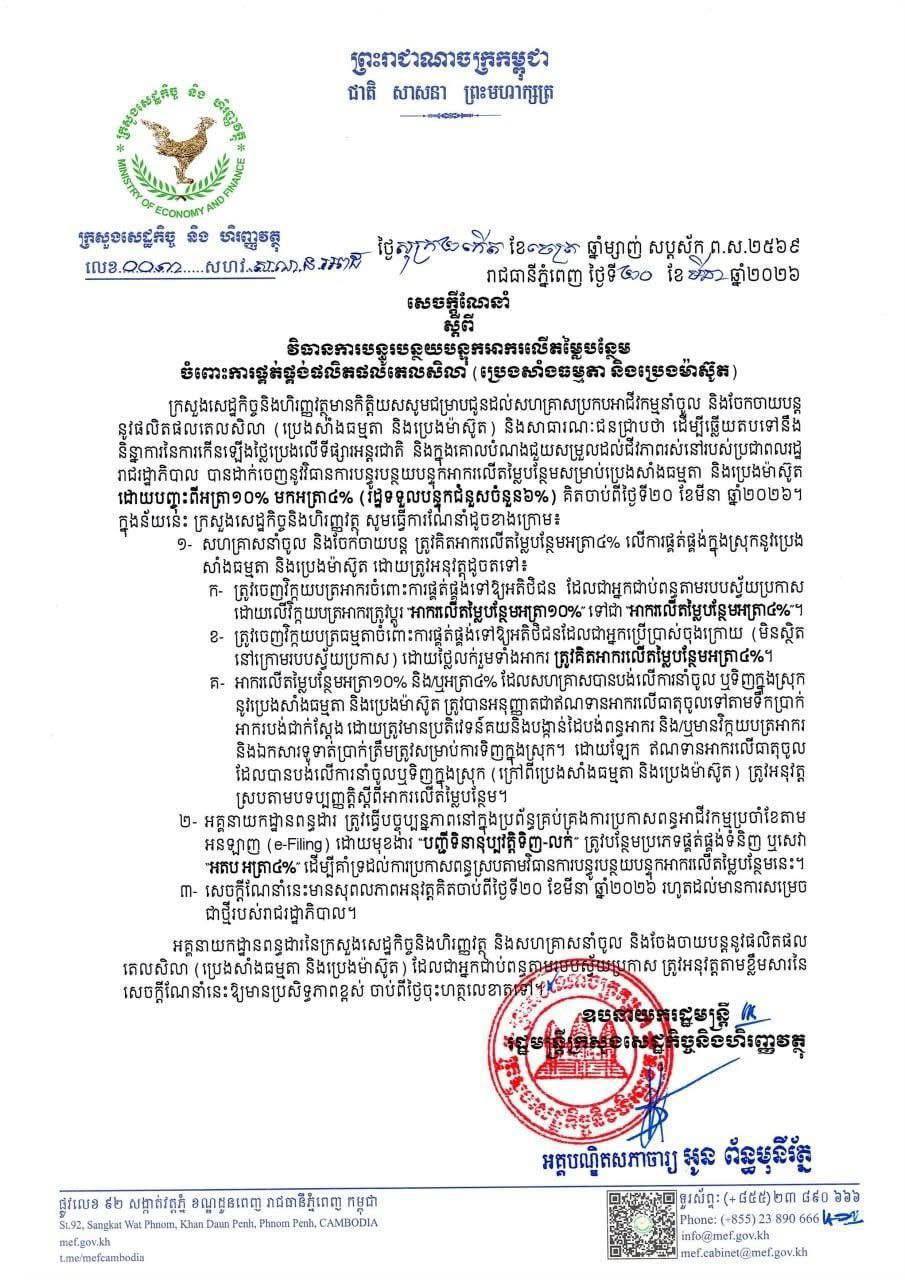 រាជរដ្ឋាភិបាលដាក់ចេញនូវវិធានការបន្ធូរបន្ថយបន្ទុកអាករលើតម្លៃបន្ថែមសម្រាប់ប្រេងសាំងធម្មតា និងប្រេងម៉ាស៊ូត