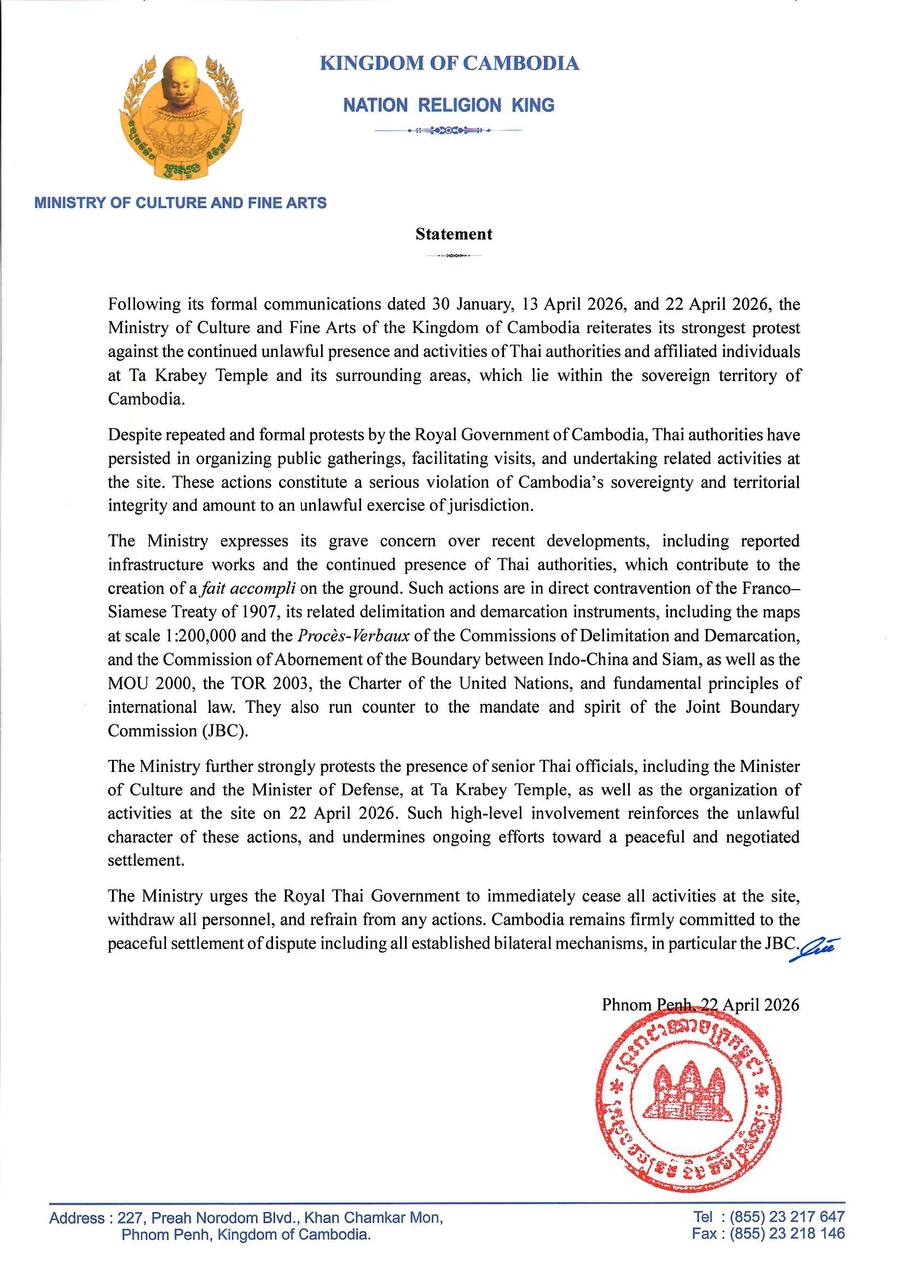 ក្រសួងវប្បធម៌តវ៉ាយ៉ាងខ្លាំងខ្លាបំផុតចំពោះវត្តមាននិងការបន្តបង្កសកម្មភាពខុសច្បាប់របស់អាជ្ញាធរថៃនៅប្រាសាទតាក្របីនិងតំបន់ជុំវិញ ដែលស្ថិតក្នុងដែនអធិបតេយ្យកម្ពុជា